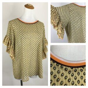 SCOTCH & SODA Maison Multi Color Print Ribbed Collar Ruffle Sleeve Sheer Shirt